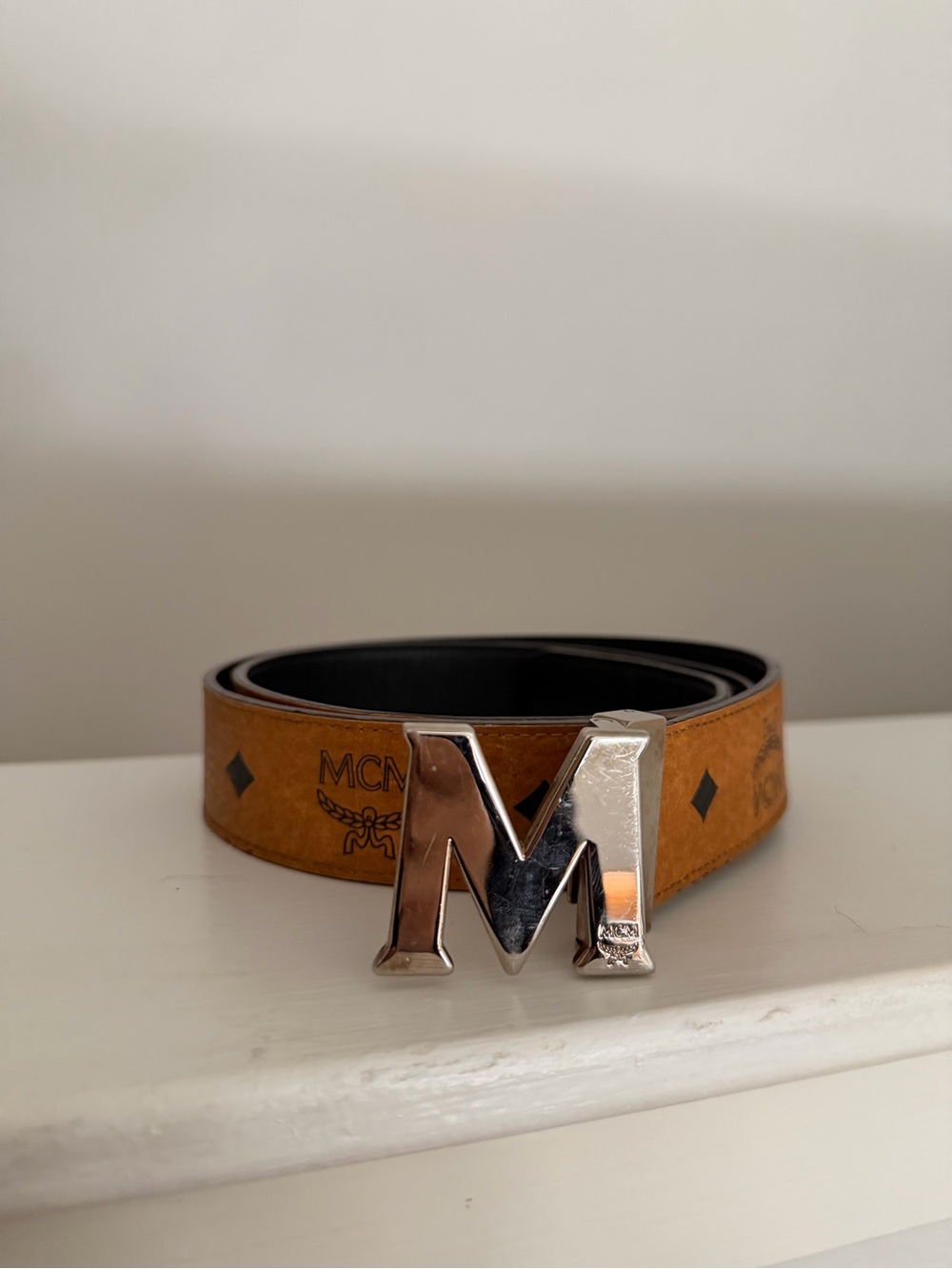 MCM Cognac Monogram 'M' Buckle Belt in Black Trim